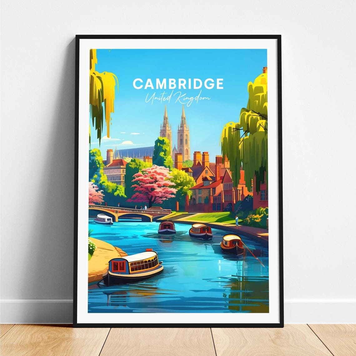 Cambridge River Punts Bridge Chapel Spires Spring Travel Poster
