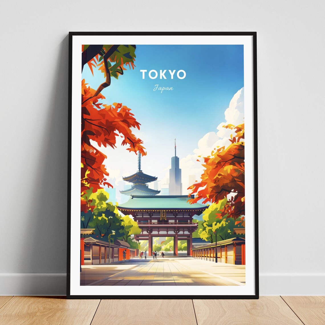 Tokyo Japan Temple Gate Autumn Maple Leaves Cityscape Poster