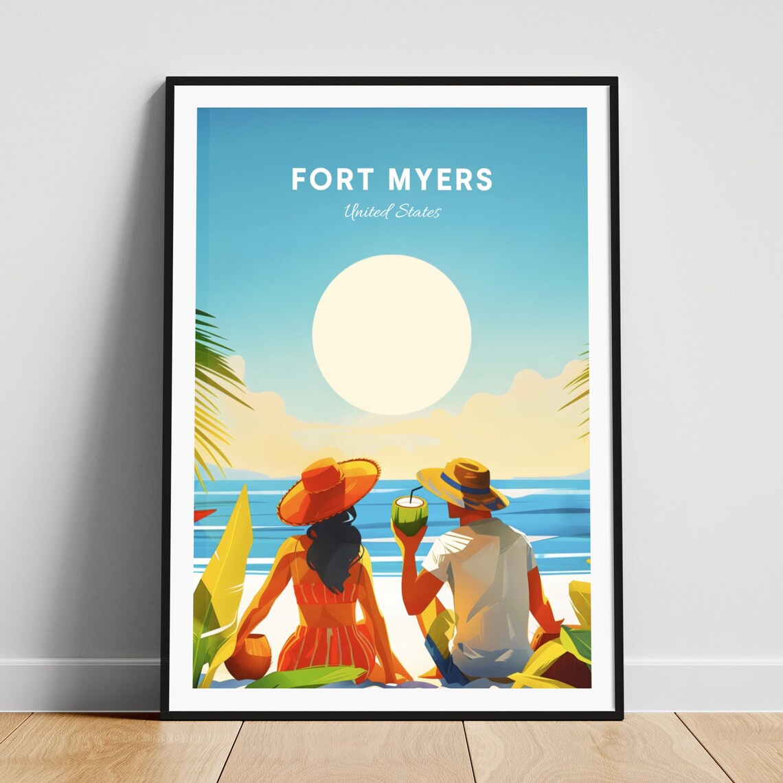 Fort Myers Florida Beach Couple Coconut Drink Travel Art Poster