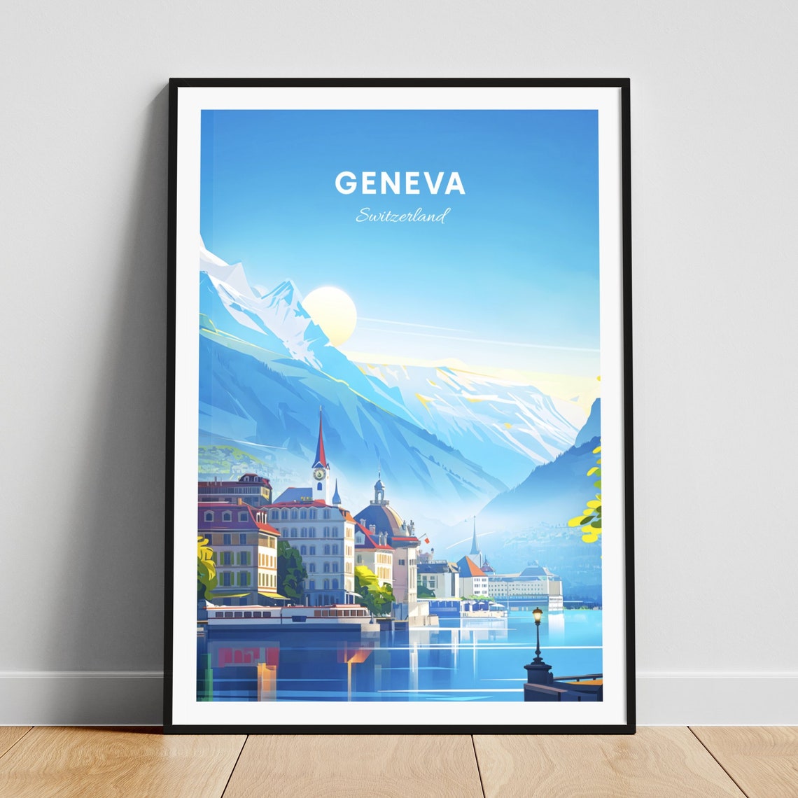 Geneva Switzerland Old Town Harbor Golden Alpine Dawn Poster