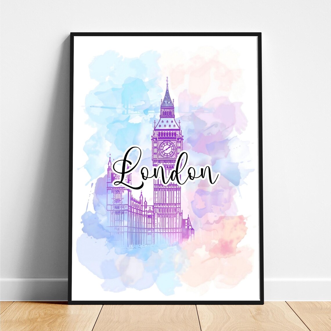 London England Big Ben Clock Tower Watercolor Skyline Art Poster