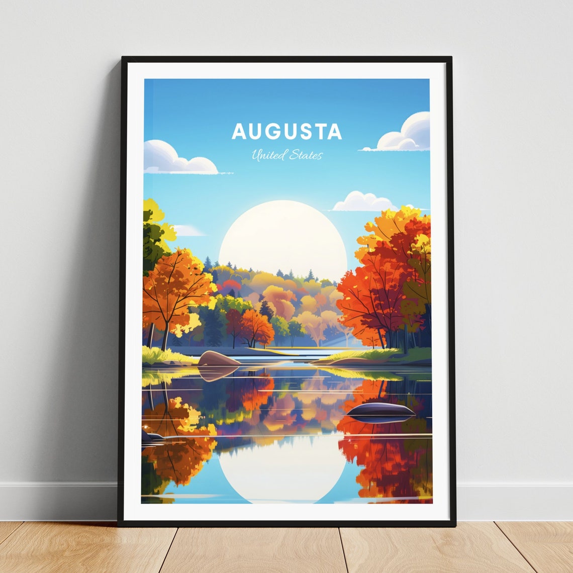 Augusta United States Autumn Lake Mirror Fall Foliage Travel Poster