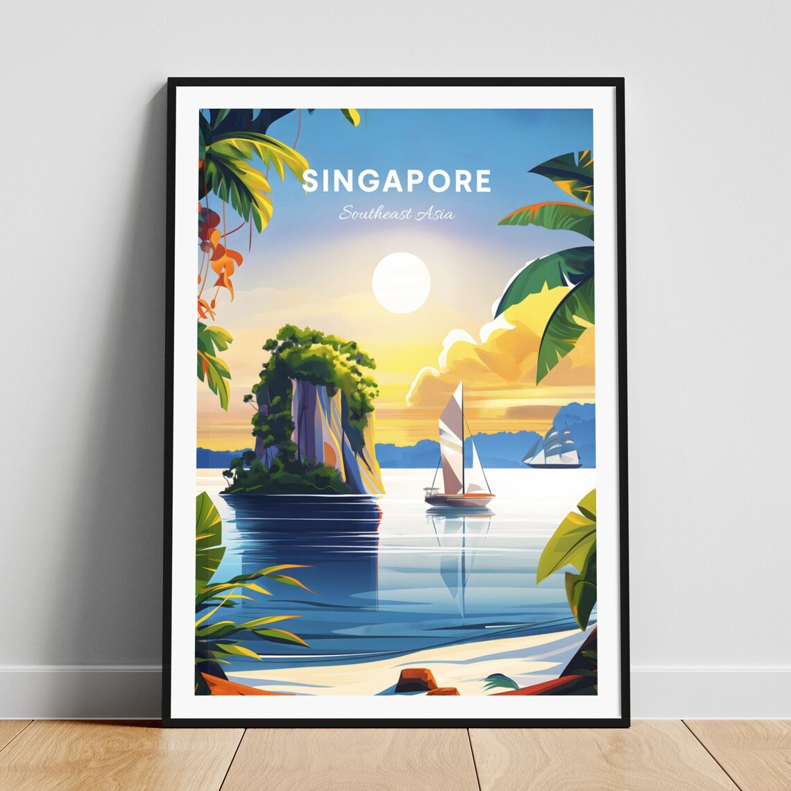 Singapore Sunset Sailboat Limestone Island Tropical Sea Travel Poster