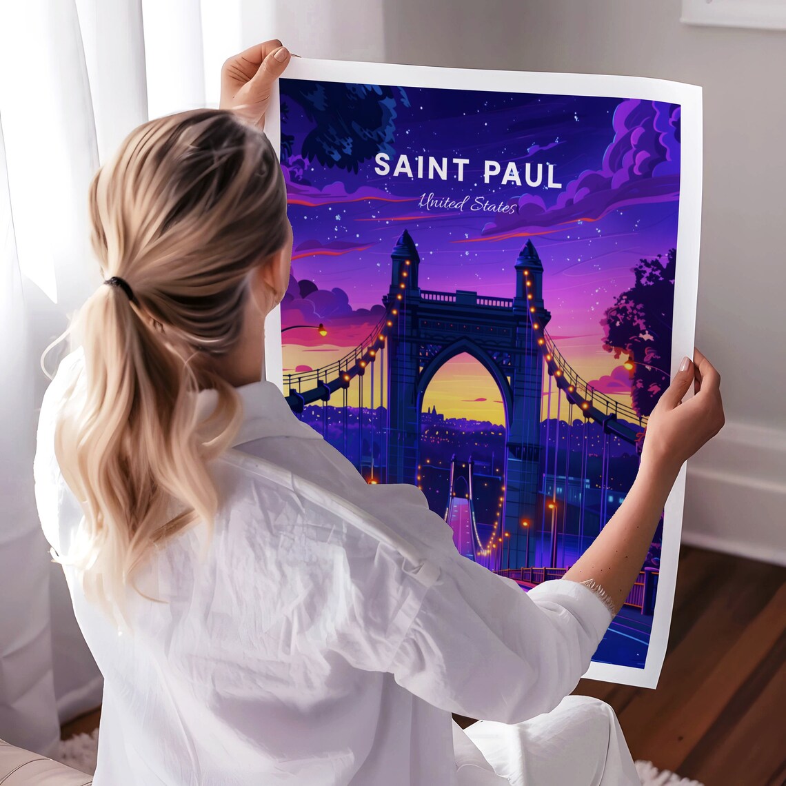Saint Paul Stone Suspension Bridge at Night Purple Sky Poster - Image 3