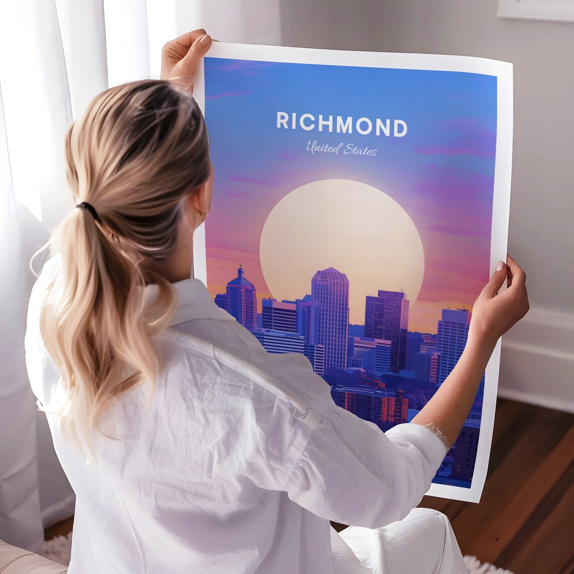 Richmond Skyline Big Sun Rising Pastel Pink Purple Travel Poster - Image 3