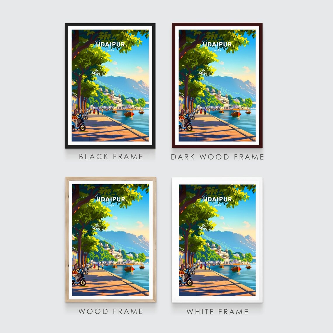 Udaipur Lakefront Promenade Palace Boats India Travel Poster - Image 3