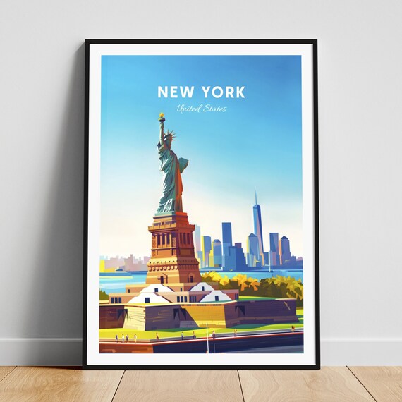 New York Statue of Liberty Manhattan Skyline Vintage Travel Poster