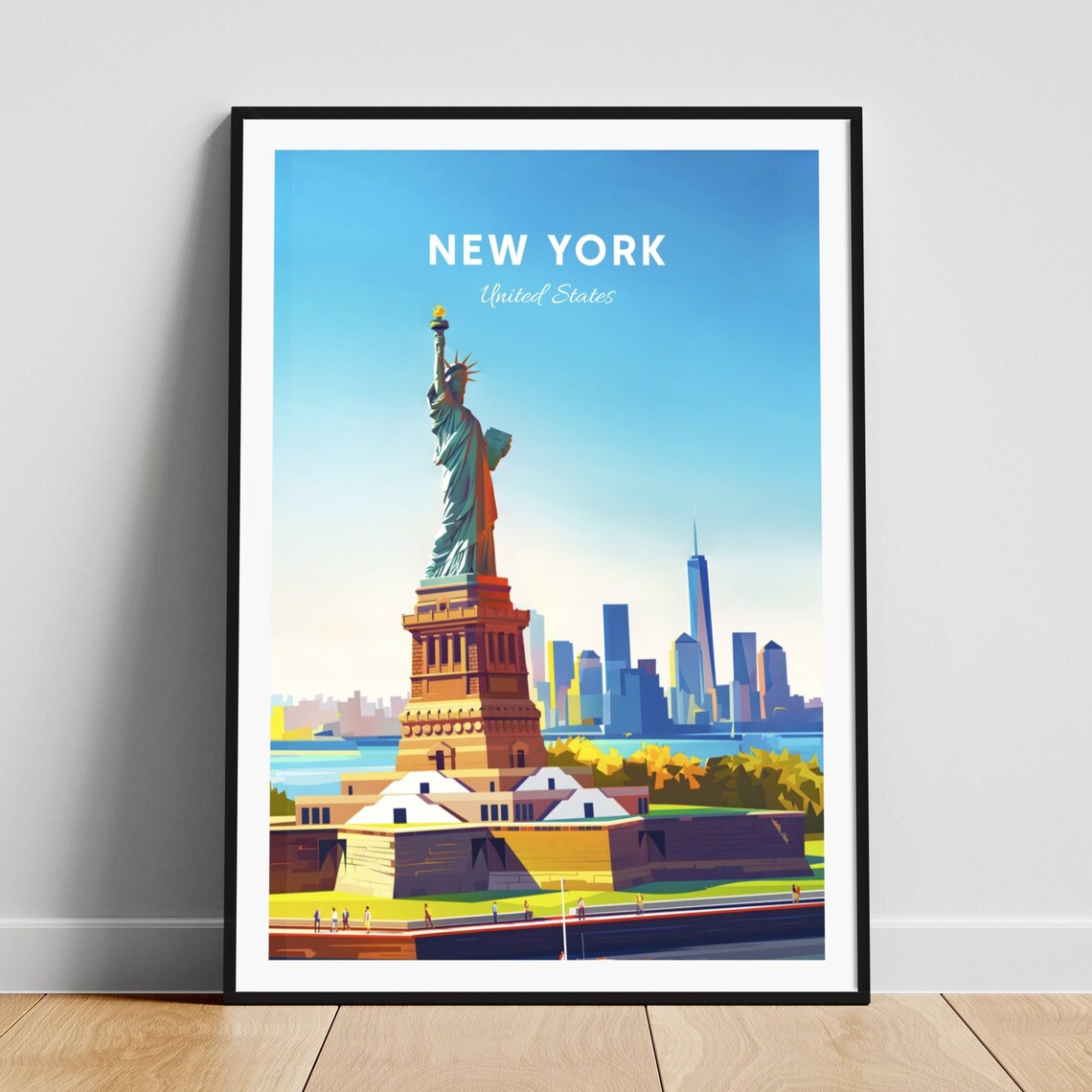 New York Statue of Liberty Manhattan Skyline Vintage Travel Poster