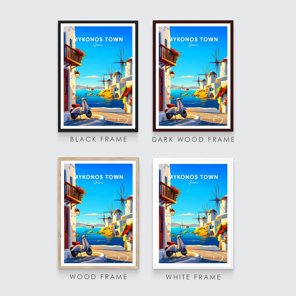 Mykonos Town Greece Windmills Scooter Blue Sea Travel Poster - Image 3