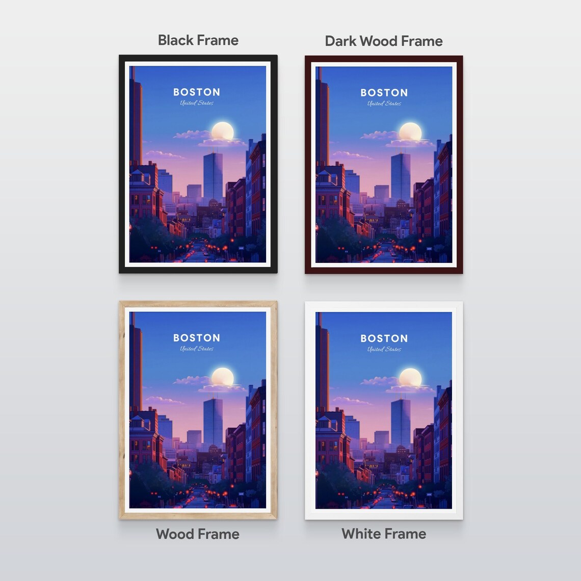 Boston Massachusetts Downtown Street Night Moon Skyline Travel Poster - Image 2