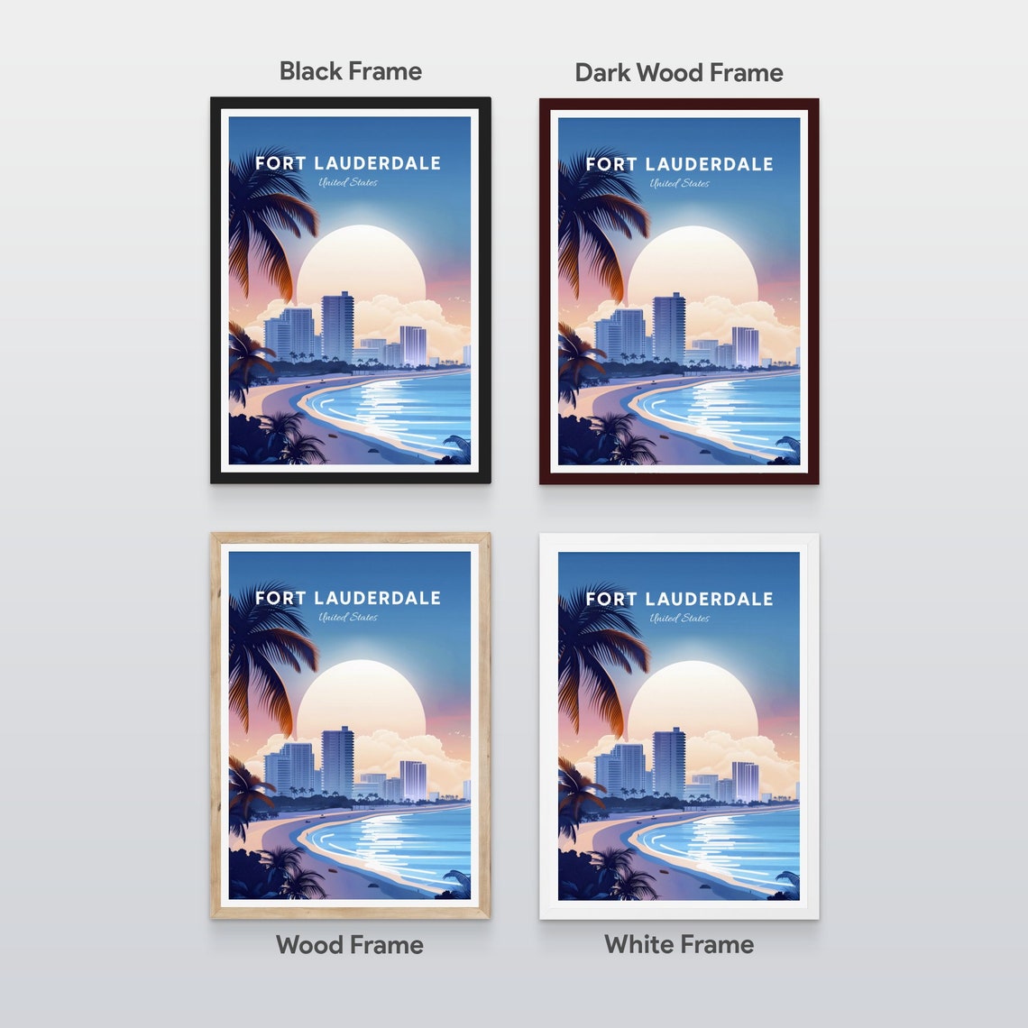 Fort Lauderdale Beach Skyline Golden Sunset Palm Trees Travel Poster - Image 2