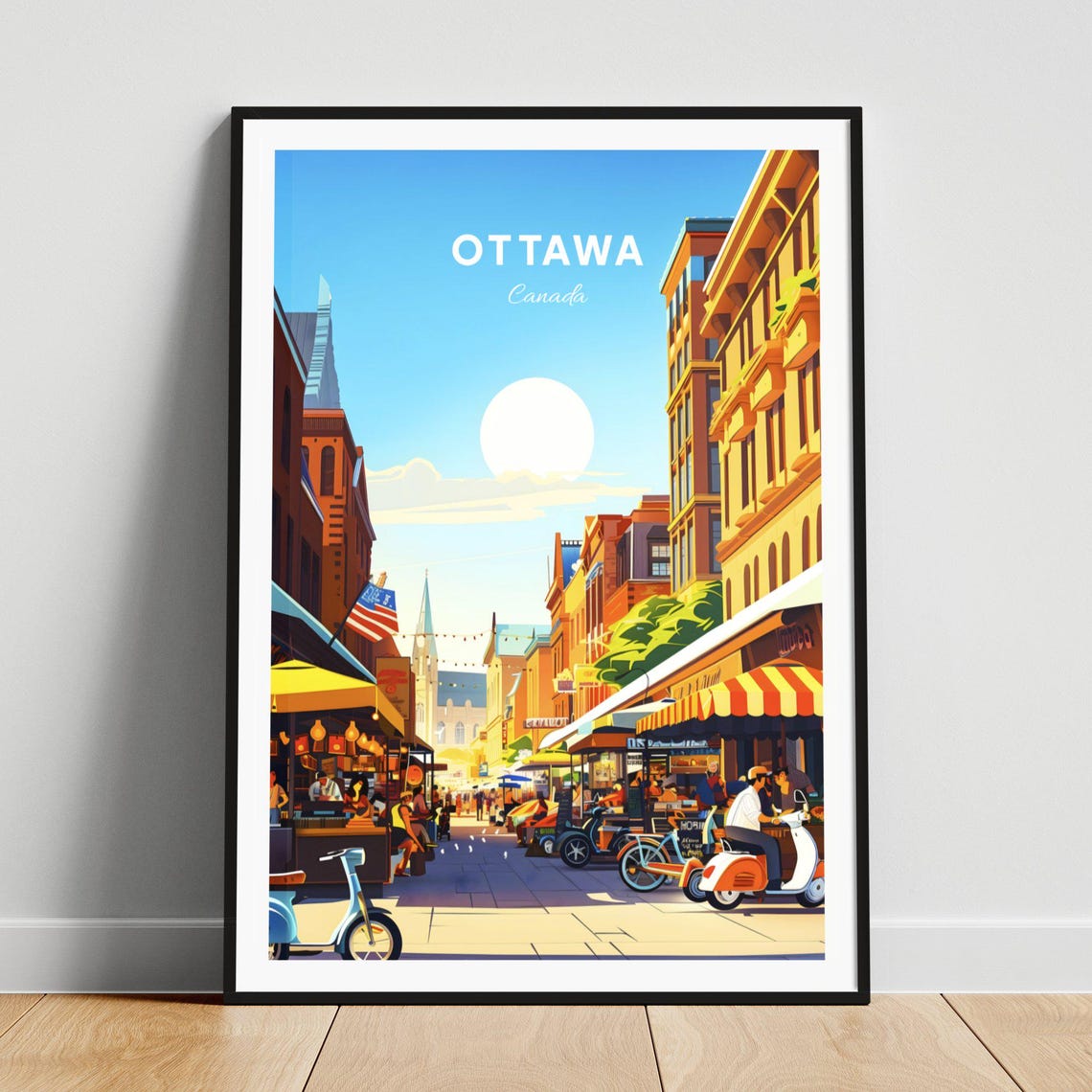 Ottawa Canada Sunny Market Street Cafes Scooters Shops Travel Poster