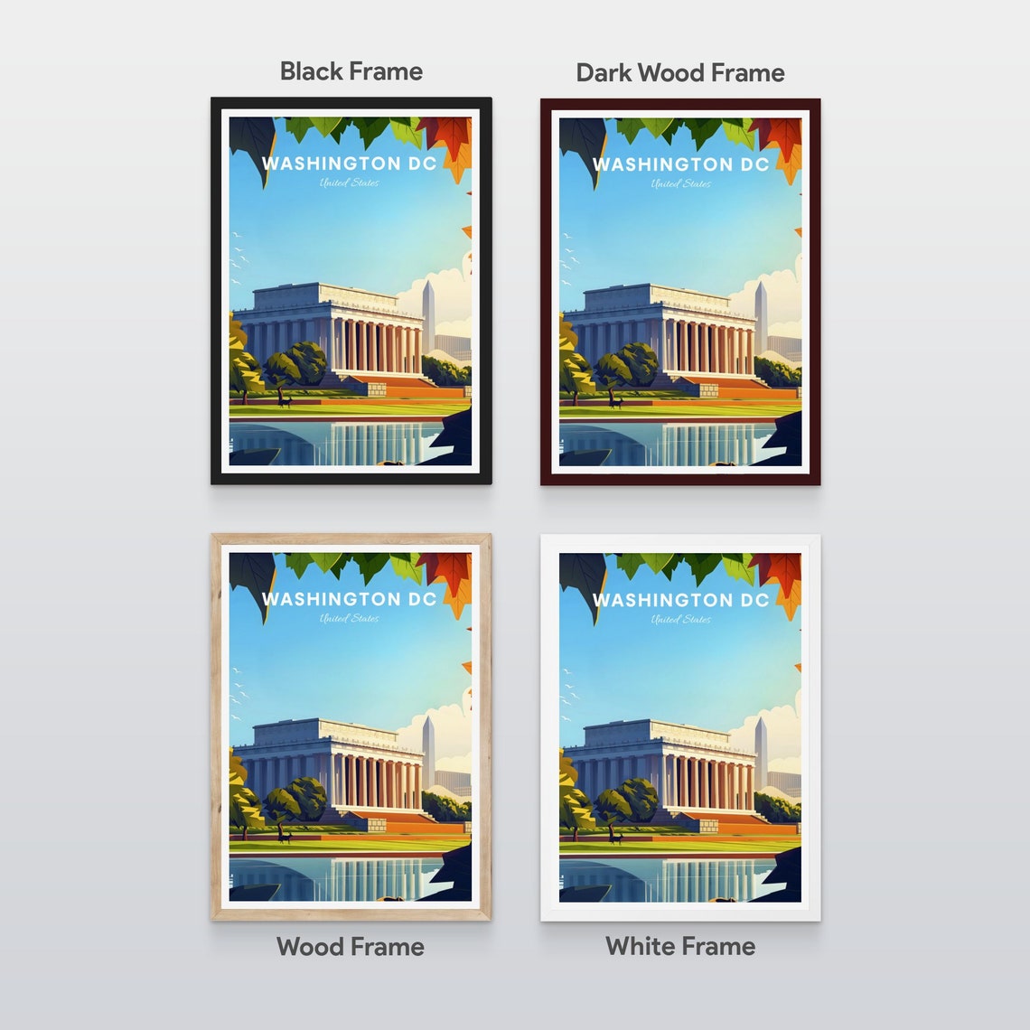 Washington DC Lincoln Memorial Autumn Leaves Pool Travel Poster - Image 2