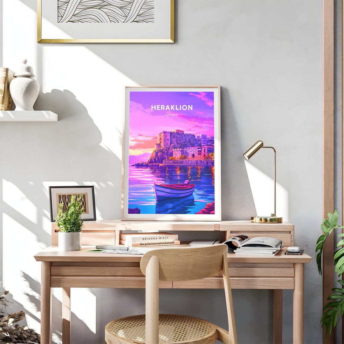 Heraklion Greece Fortress Harbor Sunset Boat Neon Travel Poster - Image 4
