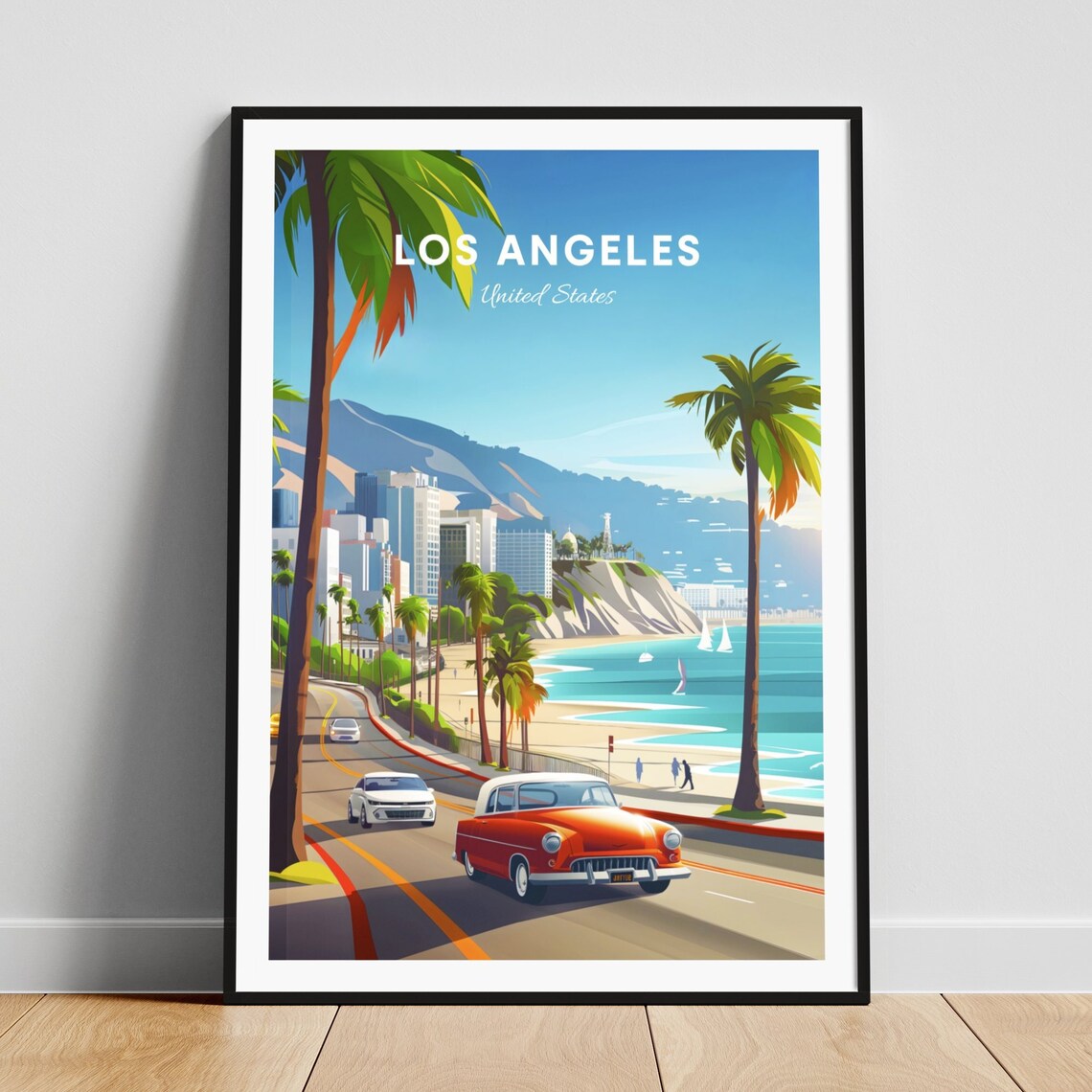 Los Angeles USA Coastal Highway Classic Car Palm Beach Travel Poster