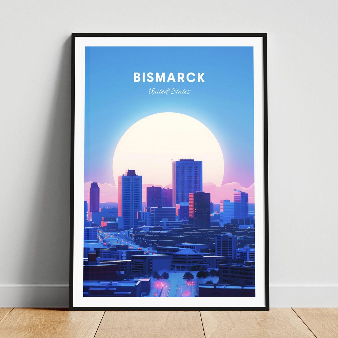 Bismarck North Dakota Neon City Skyline at Dusk Giant Sun Poster