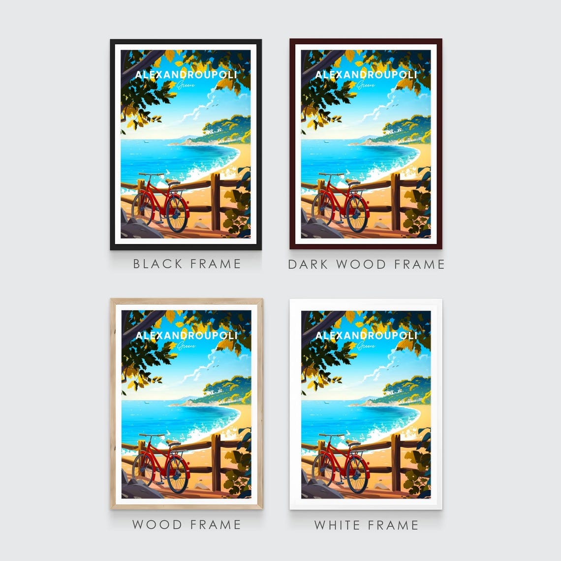 Alexandroupoli Greece Red Bicycle Beach Ocean Travel Art Poster - Image 3