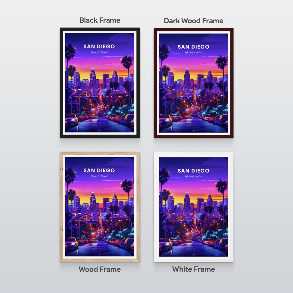 San Diego California Neon Night Skyline Cityscape Travel Poster - Image 2
