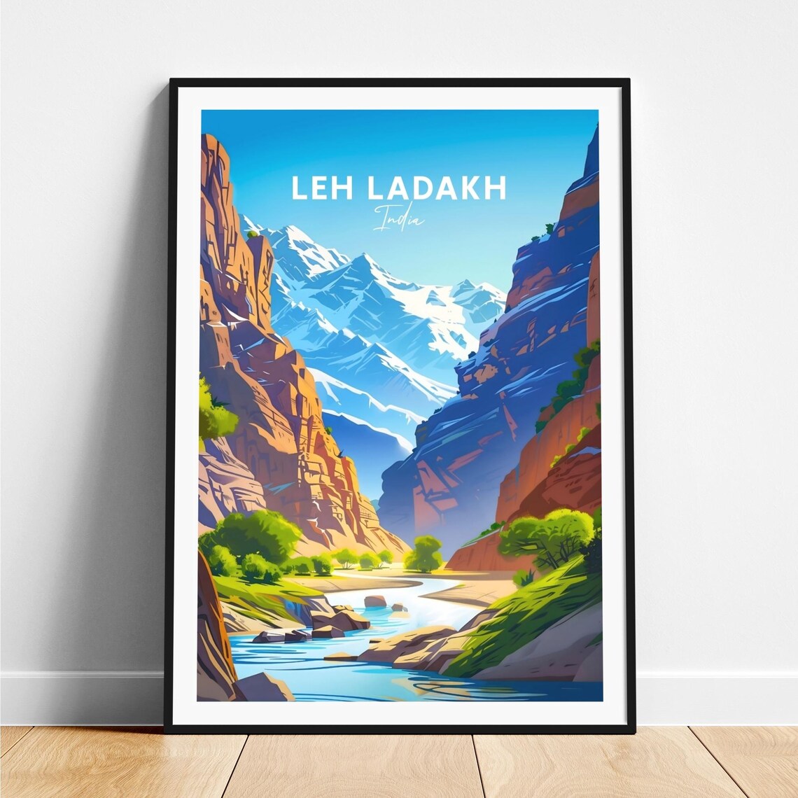 Leh Ladakh India Rocky Gorge River Snow Capped Peaks Travel Poster