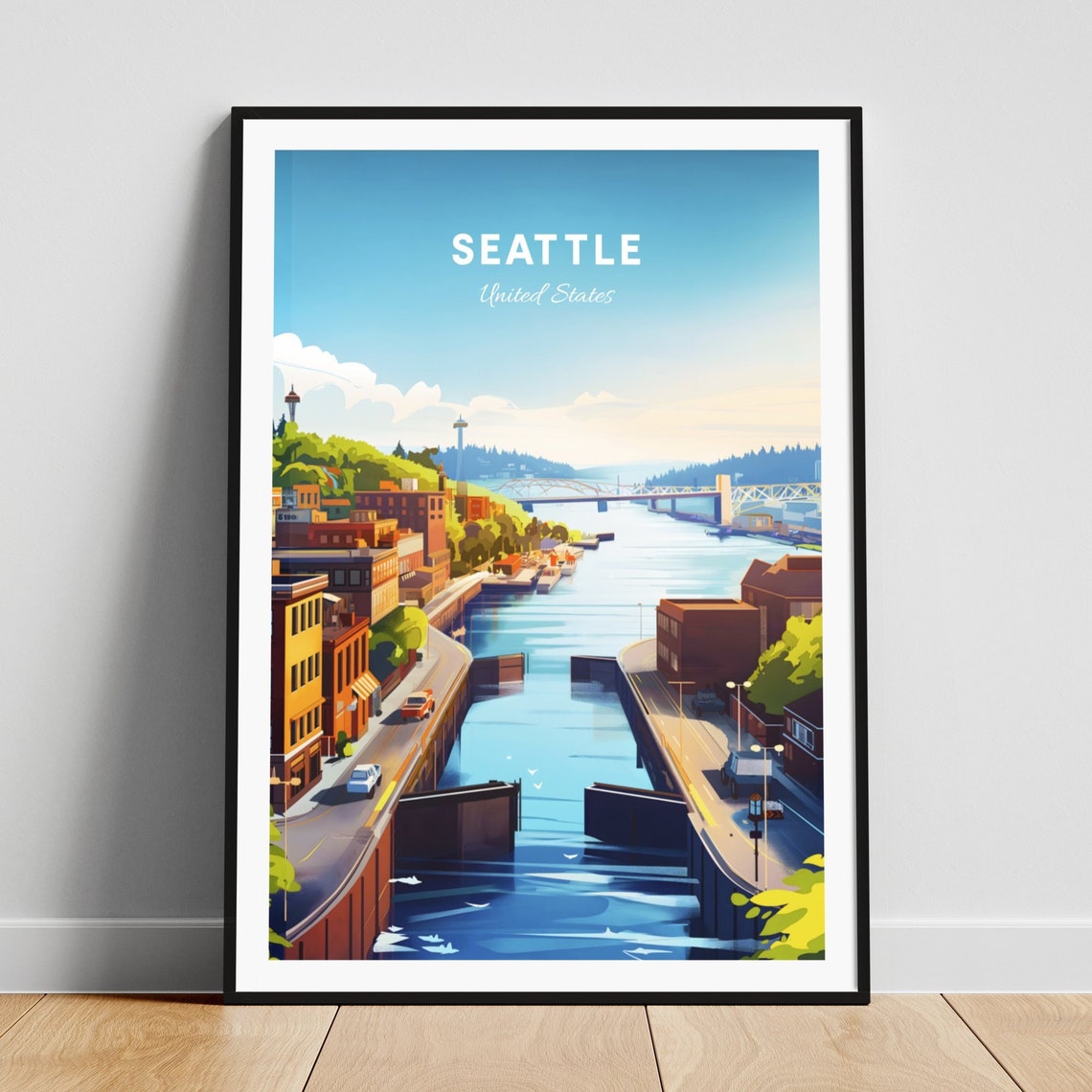 Seattle Washington Ship Canal Locks Waterway Day Travel Art Poster