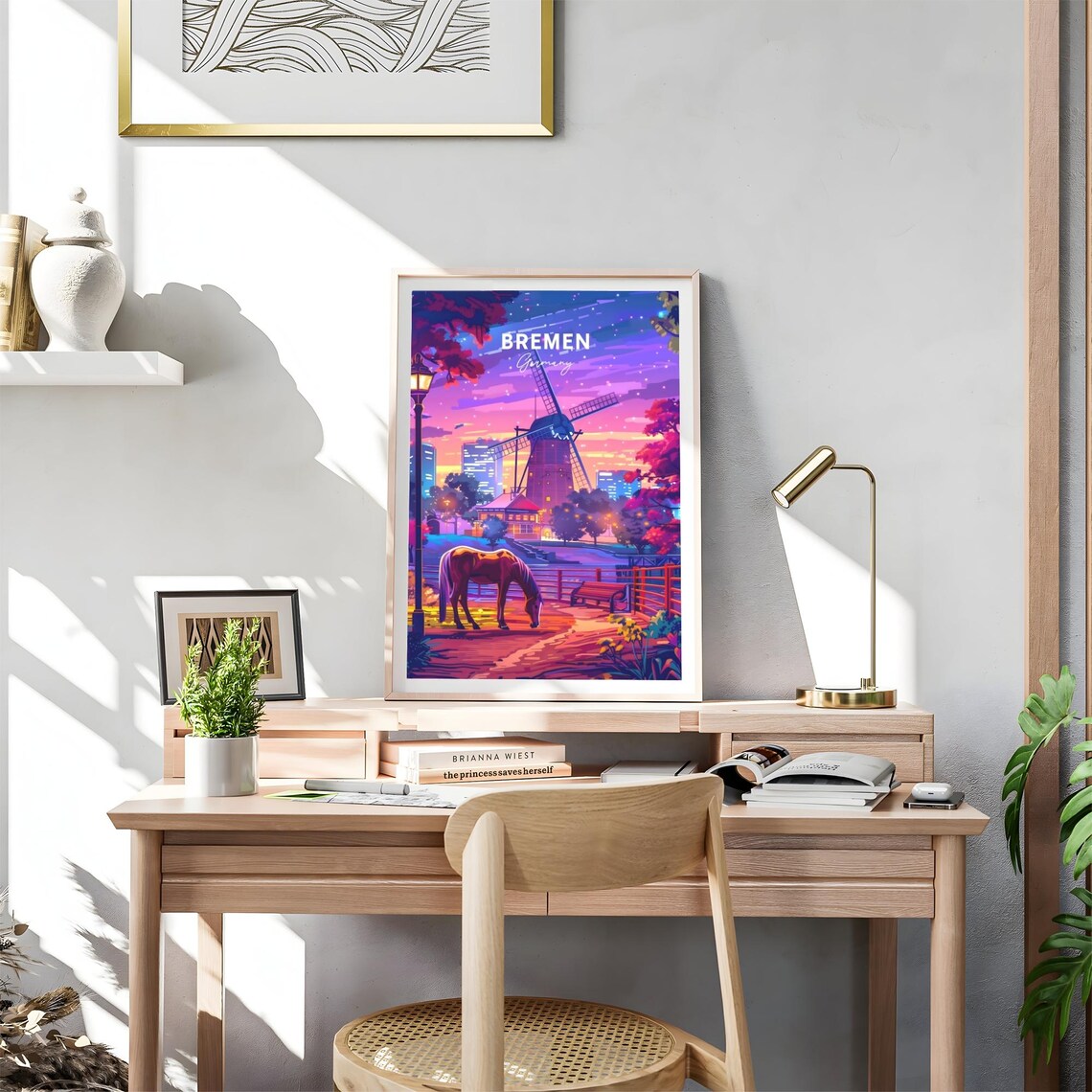 Bremen Germany Windmill Sunset Horse Neon Sky City Travel Poster - Image 4