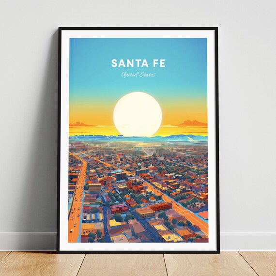 Santa Fe New Mexico City Sunset Giant Sun Aerial Vintage Travel Poster