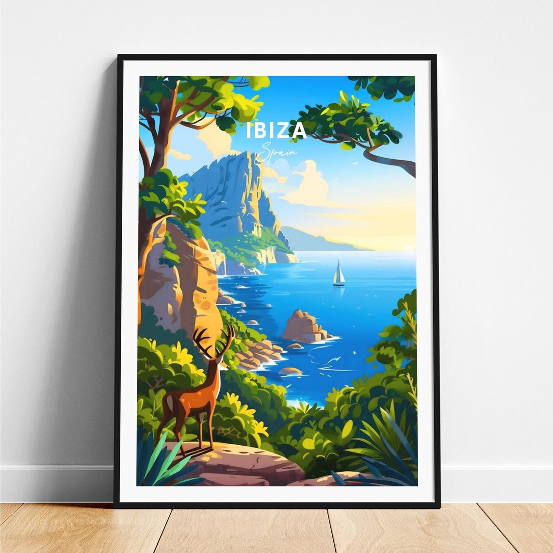 Ibiza Deer Cliff Overlook Sailboat Blue Sea Coastline Travel Poster