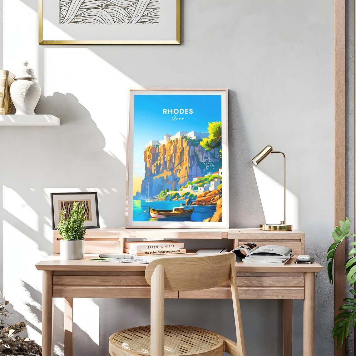 Rhodes Greece Cliff Fortress Fishing Boat Cove Harbor Travel Poster - Image 4