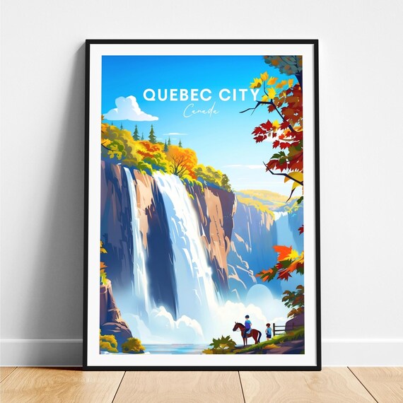 Quebec City Canada Autumn Waterfall Horse Rider Scene Travel Poster