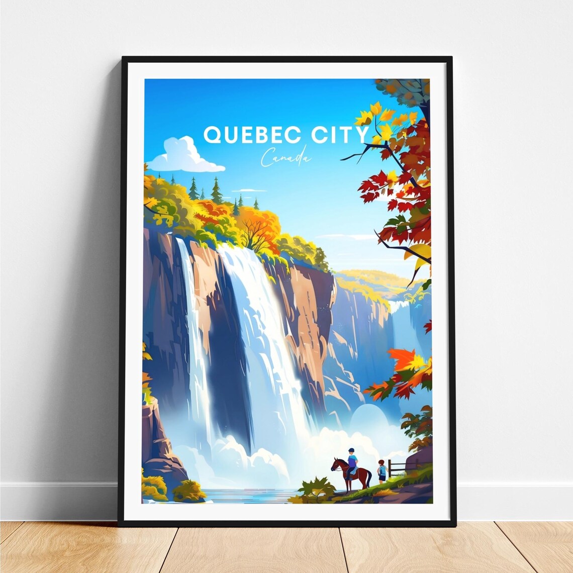 Quebec City Canada Autumn Waterfall Horse Rider Scene Travel Poster