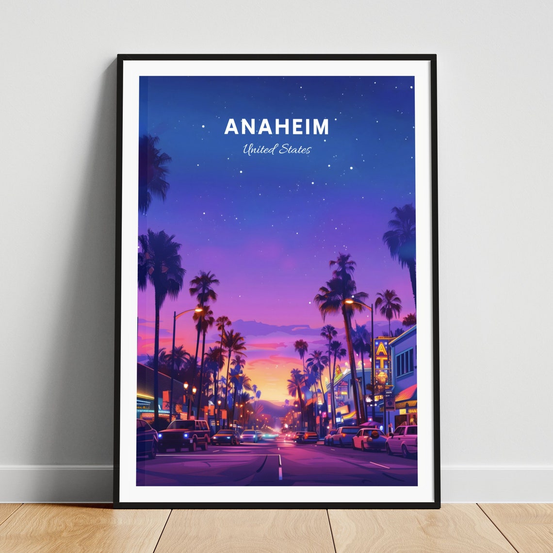 Anaheim California Neon Night Palm Boulevard Retro Travel Poster