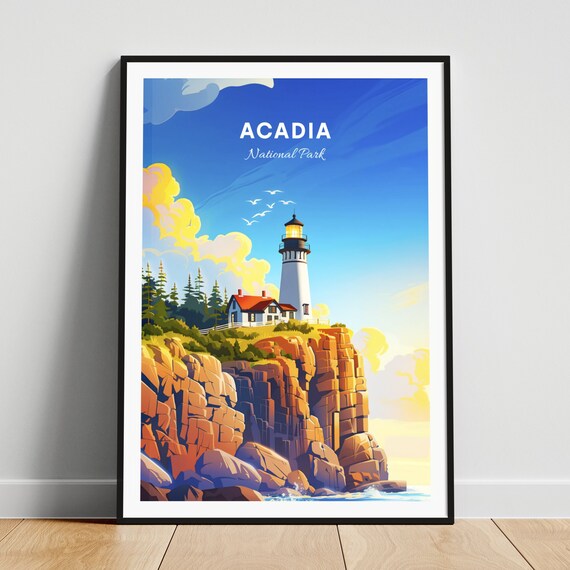 Acadia National Park Lighthouse Rocky Cliffs Seagulls Travel Poster