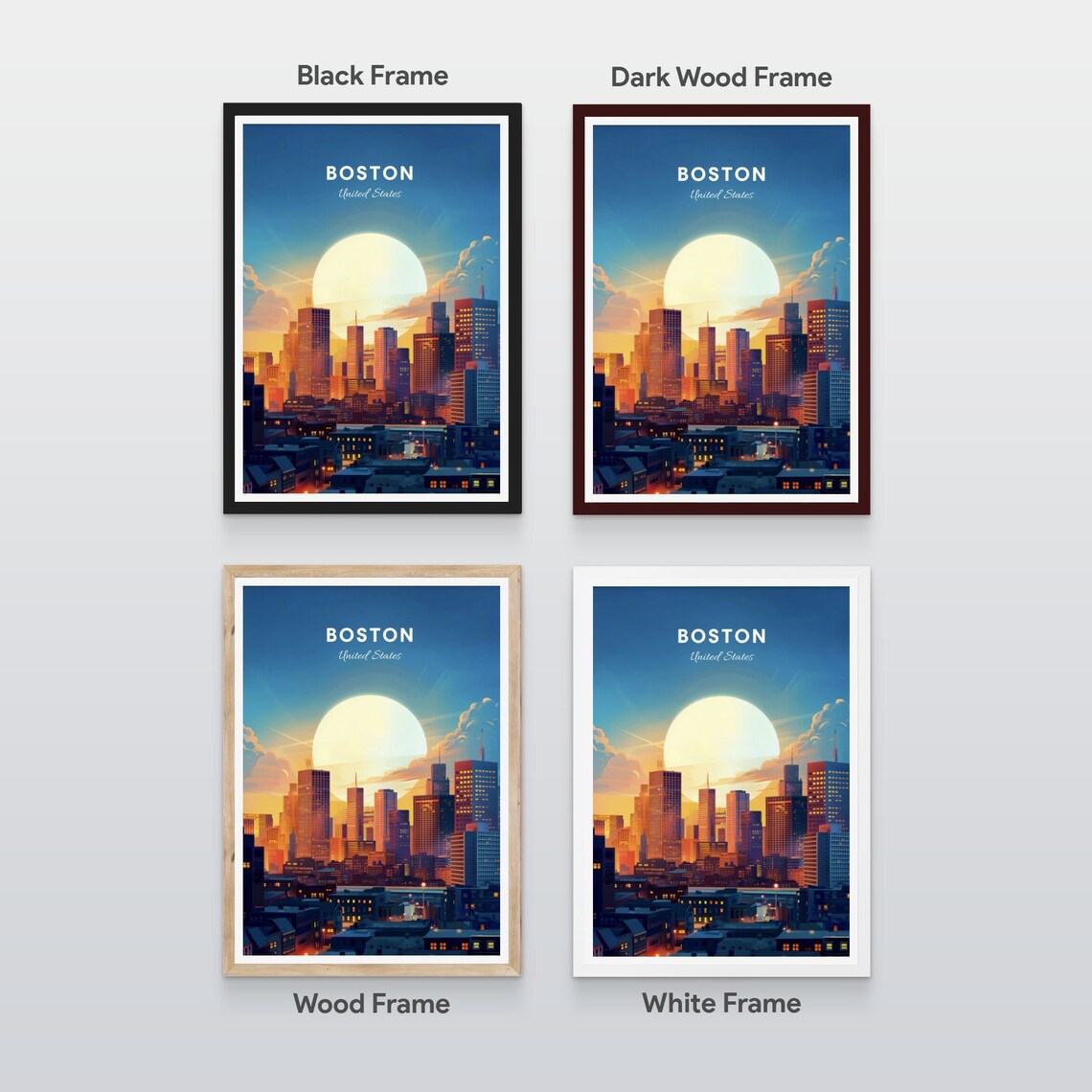 Boston Massachusetts Sunset Skyline Golden Light City Travel Poster - Image 2