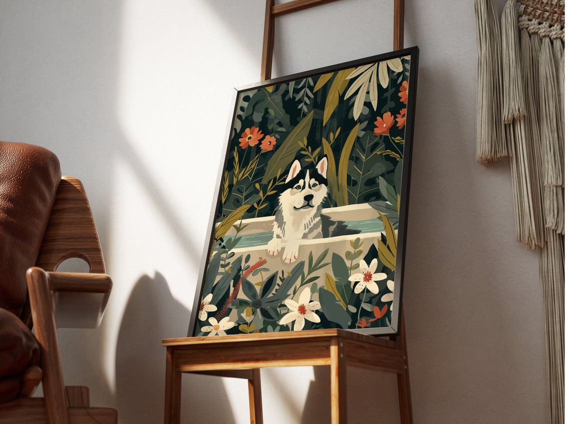 Siberian Husky Floral Bathtub Jungle Botanical Poster Wolf Decor - Image 2