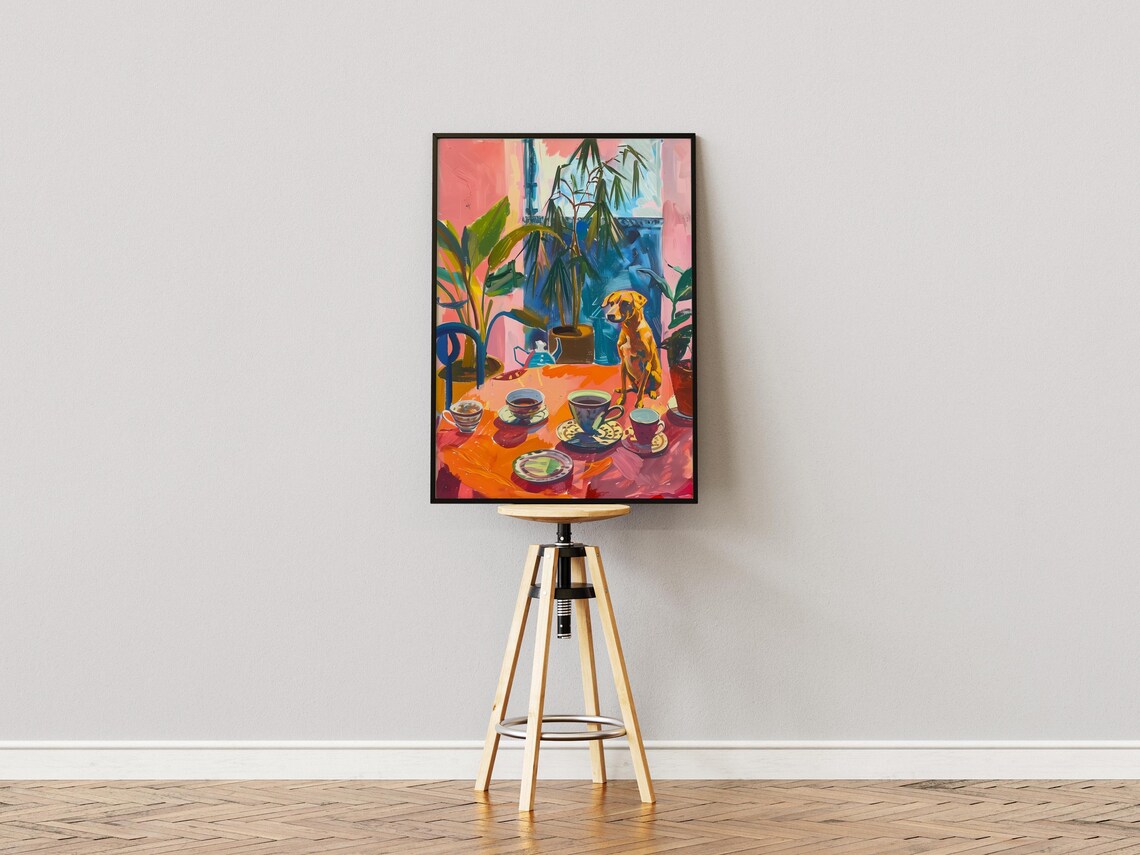 Tan Dog with Teacups Fauvist Orange Table Kitchen Art Poster - Image 3