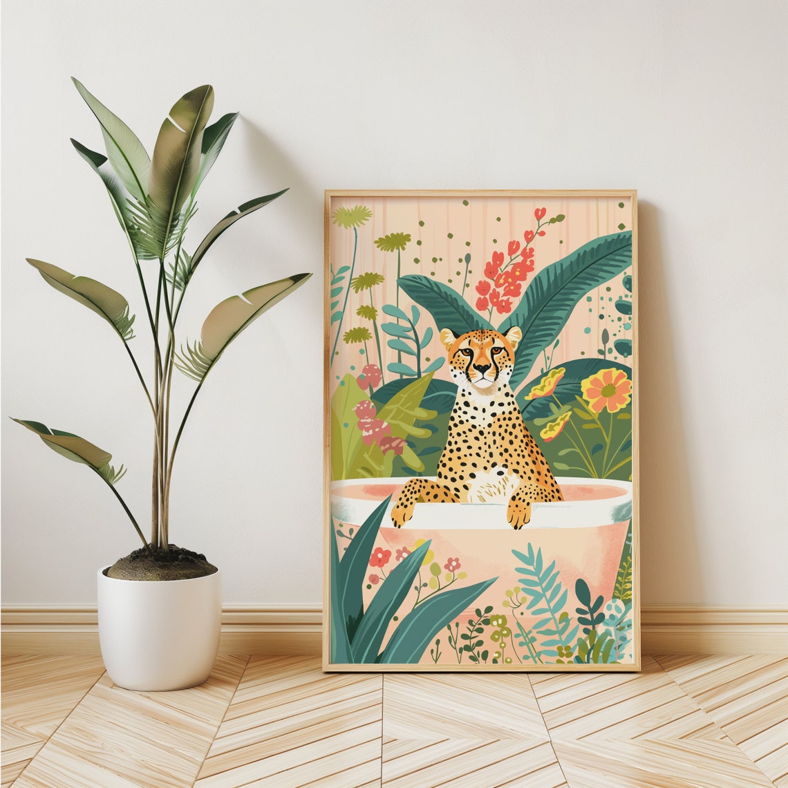 Cheetah in Bathtub Tropical Botanical Bathroom Animal Poster - Image 3