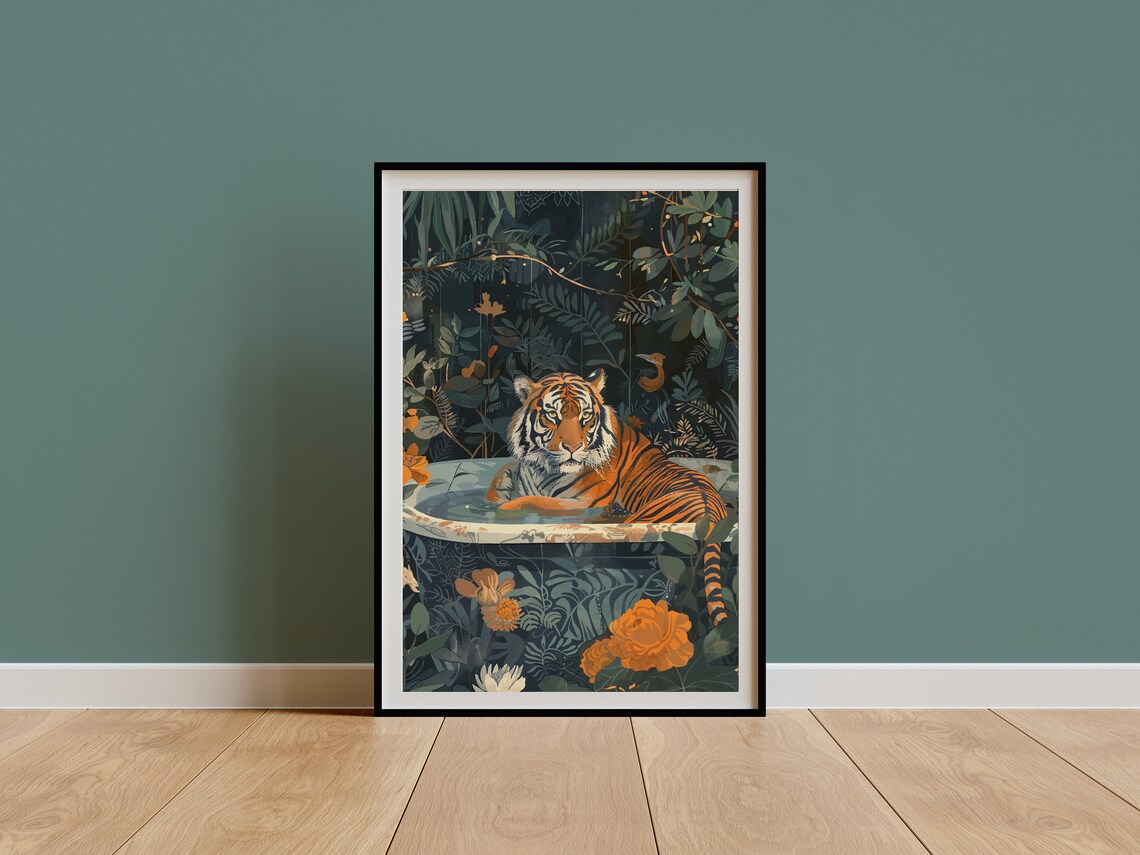 Tiger in Bathtub Moonlit Jungle Night Floral Garden Animal Poster - Image 3