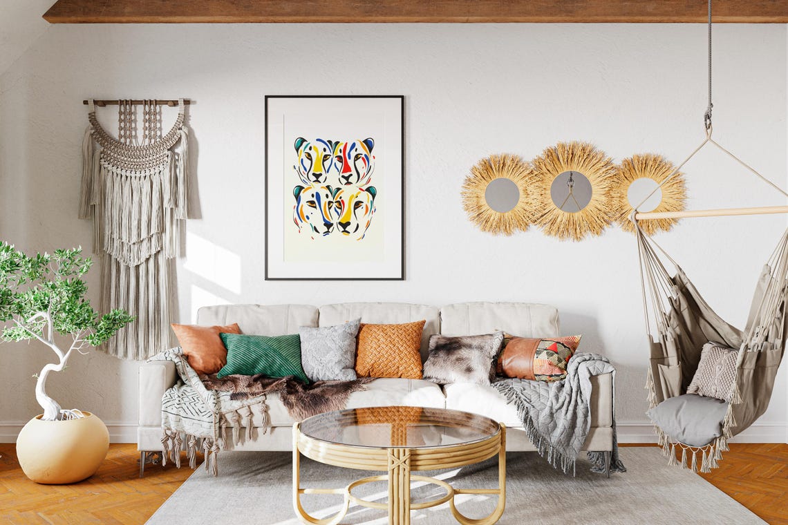 Four Colorful Cheetah Faces Cluster Abstract Line Art Poster Decor - Image 3