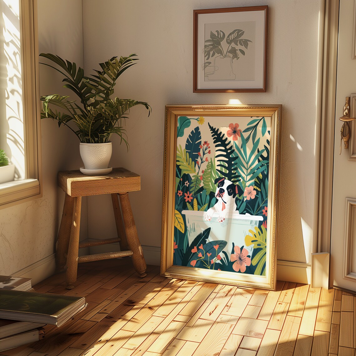 White Staffy Puppy in Bathtub Bold Tropical Leaf Floral Poster - Image 2