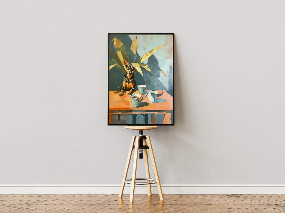 Miniature Pinscher and Teacups Painterly Still Life Dog Poster - Image 3