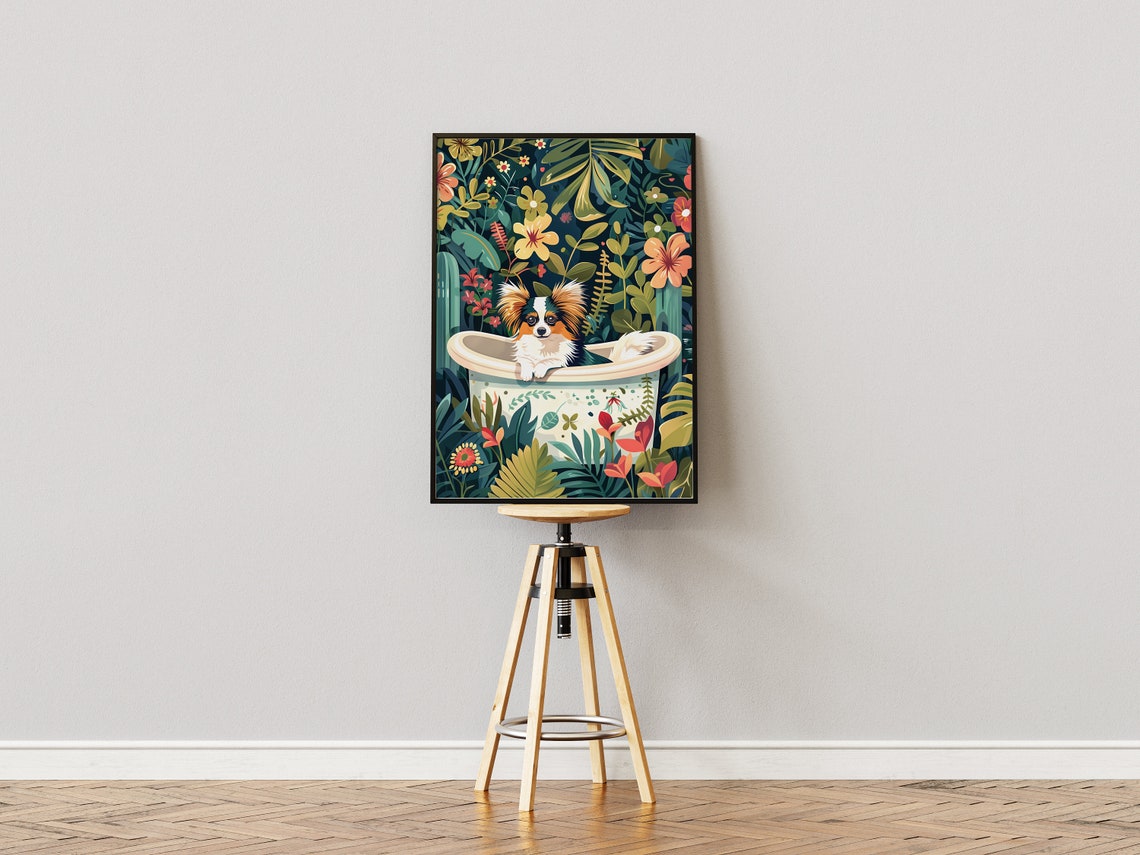 Papillon Dog White Bathtub Tropical Jungle Poster Bathroom Decor - Image 3