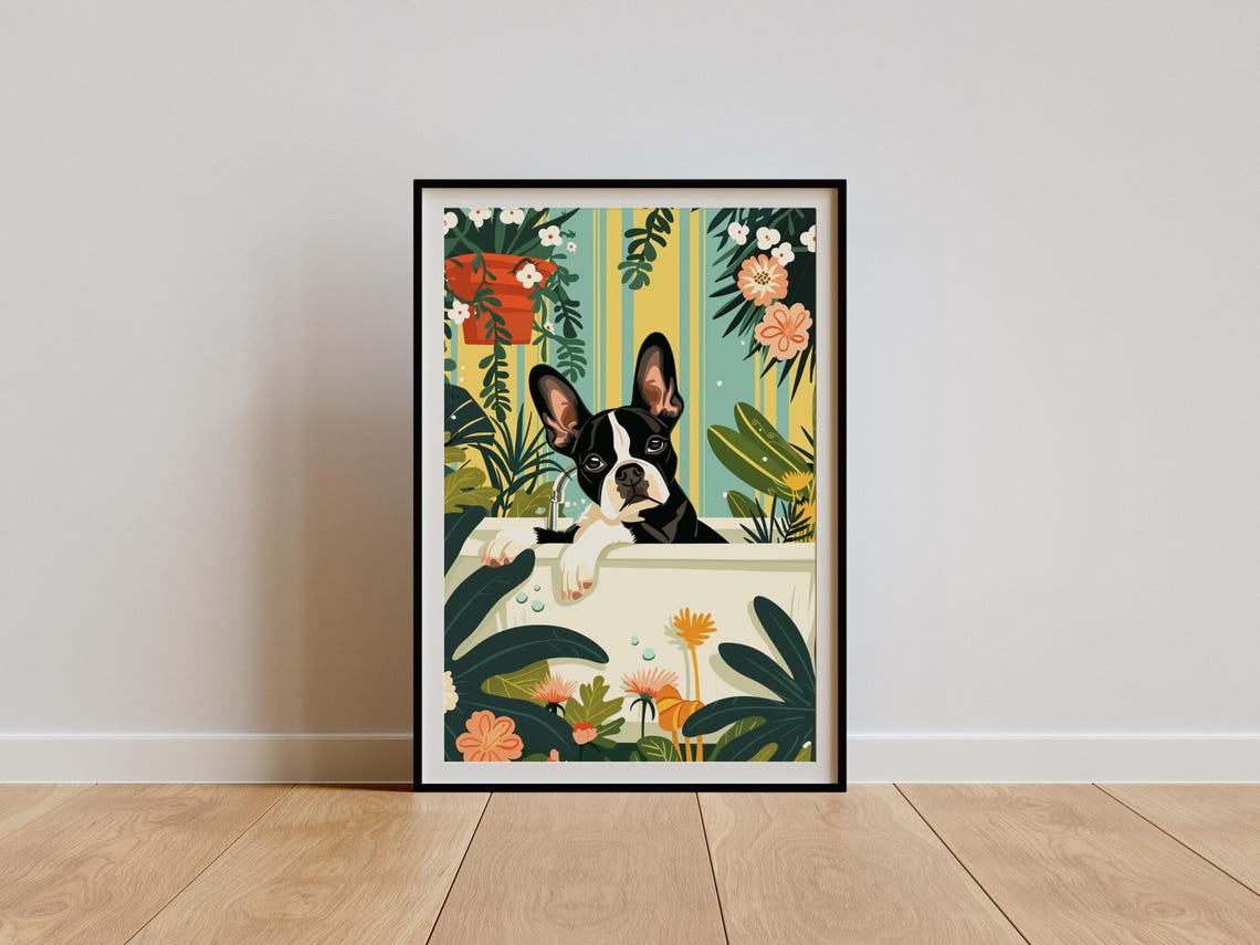 Boston Terrier Bath Time Jungle Botanical Illustration Art Poster