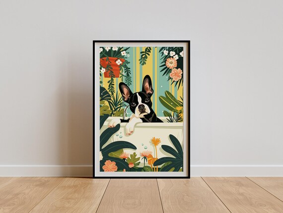 Boston Terrier Bath Time Jungle Botanical Illustration Art Poster