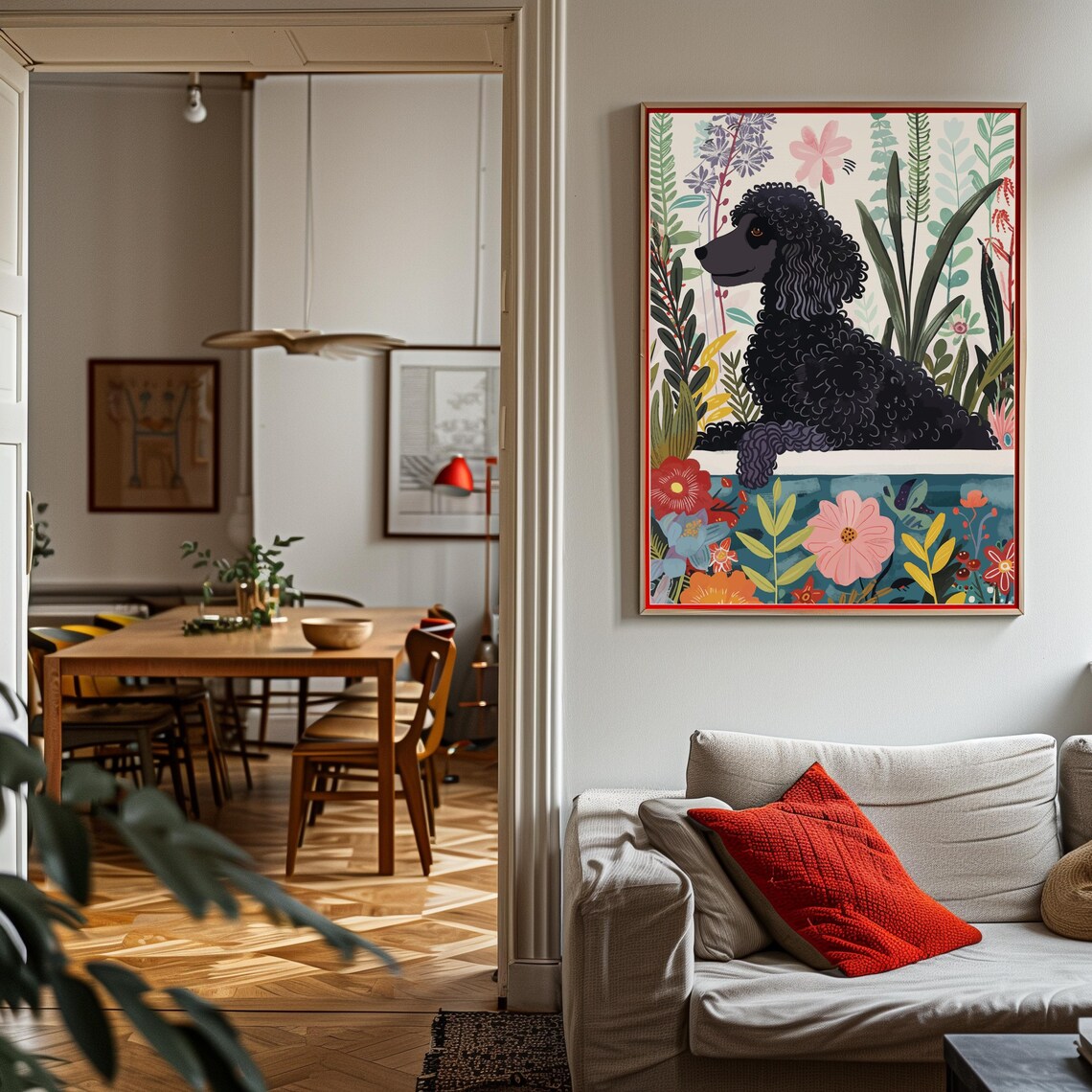 Black Standard Poodle Boho Jungle Botanical Poster - Image 2