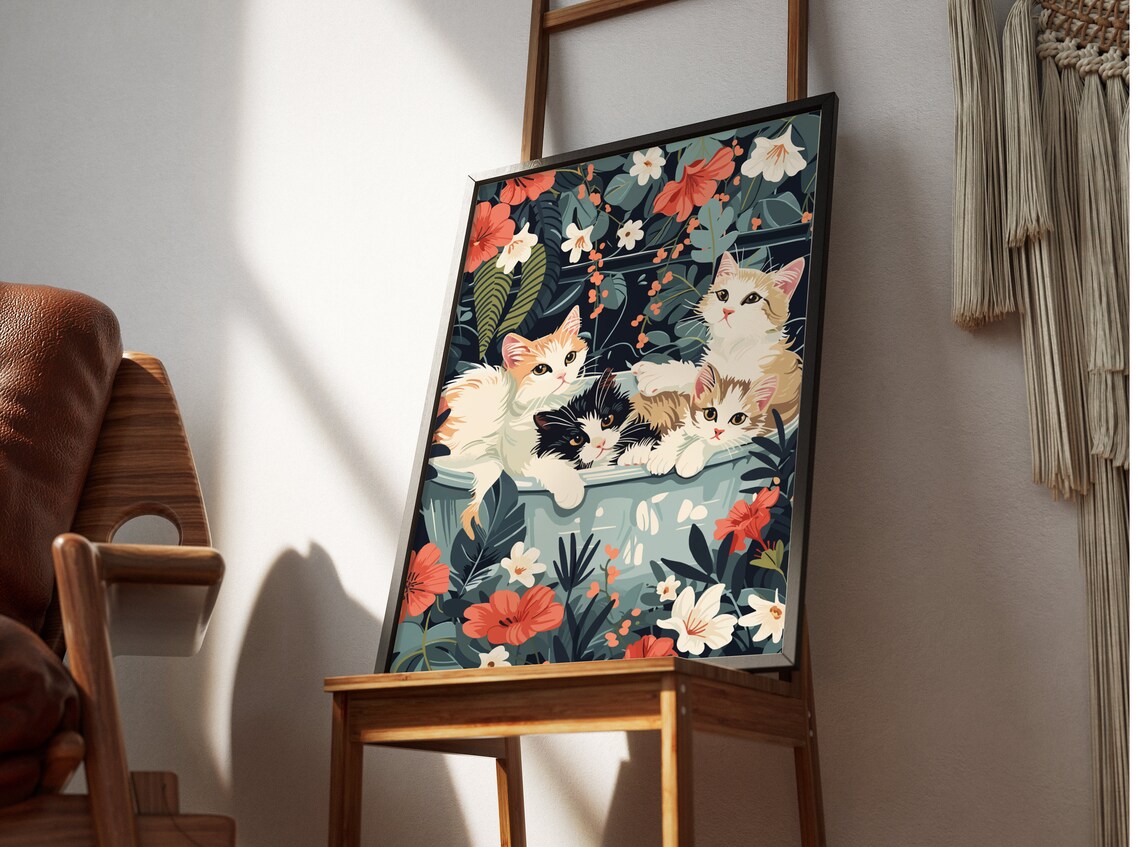 Four Kittens Bathing Together in Floral Jungle Bathtub Poster - Image 2
