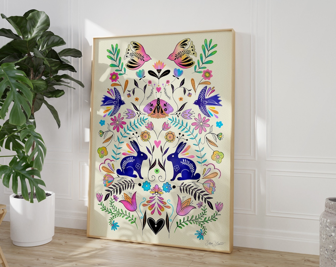 Folk Art Modern Floral Poster, Nordic Boho Pattern