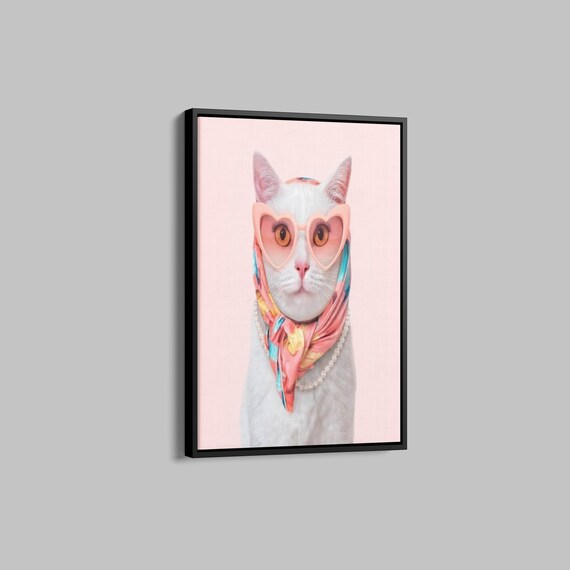 White Cat Pink Heart Sunglasses Scarf Funny Animal Art Poster