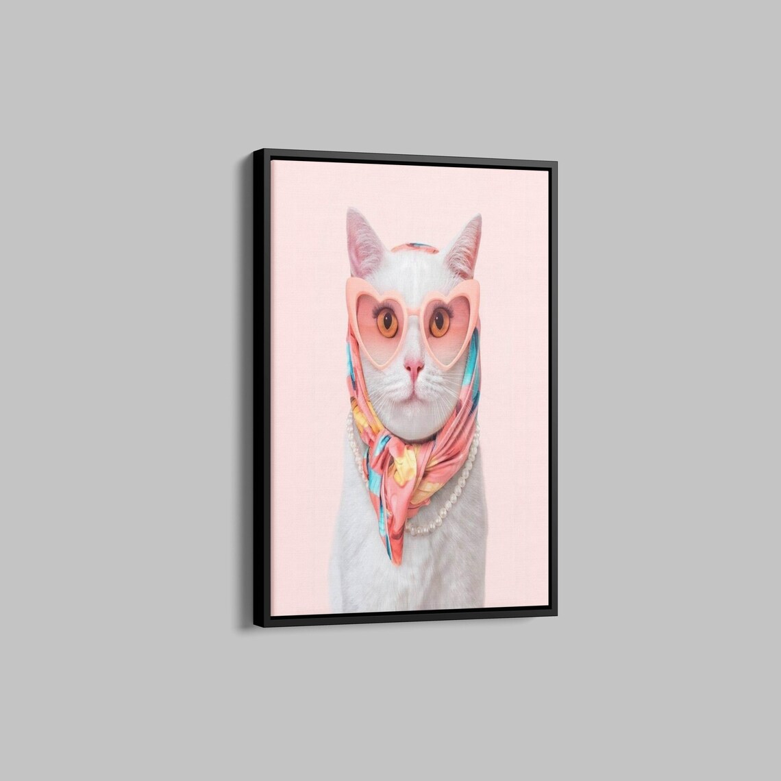 White Cat Pink Heart Sunglasses Scarf Funny Animal Art Poster