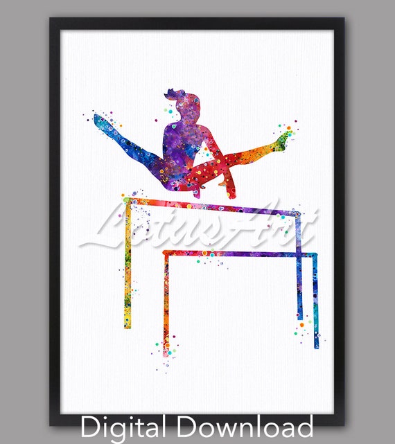 Uneven Bars Watercolor Sports Poster, Girls Room Decor