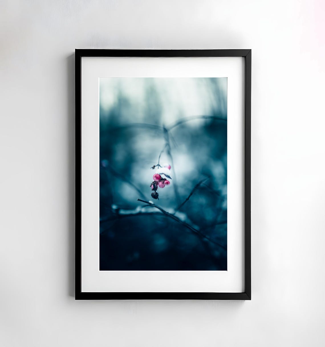 Frost-Covered Pink Berries on a Twig in Cold Blue Winter Poster